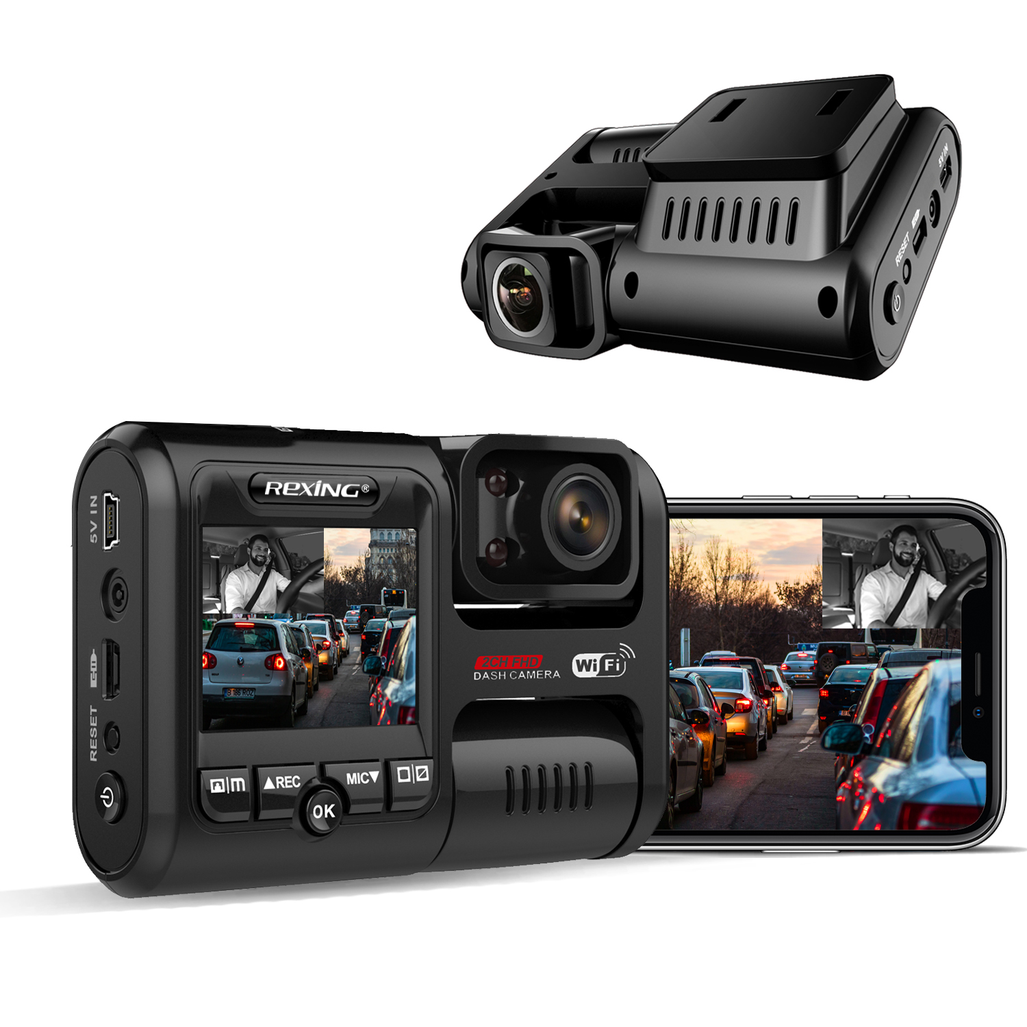 Rexing V3 Basic Dual Camera Front and Inside Cabin Full HD 1080p Dash Cam with WiFi