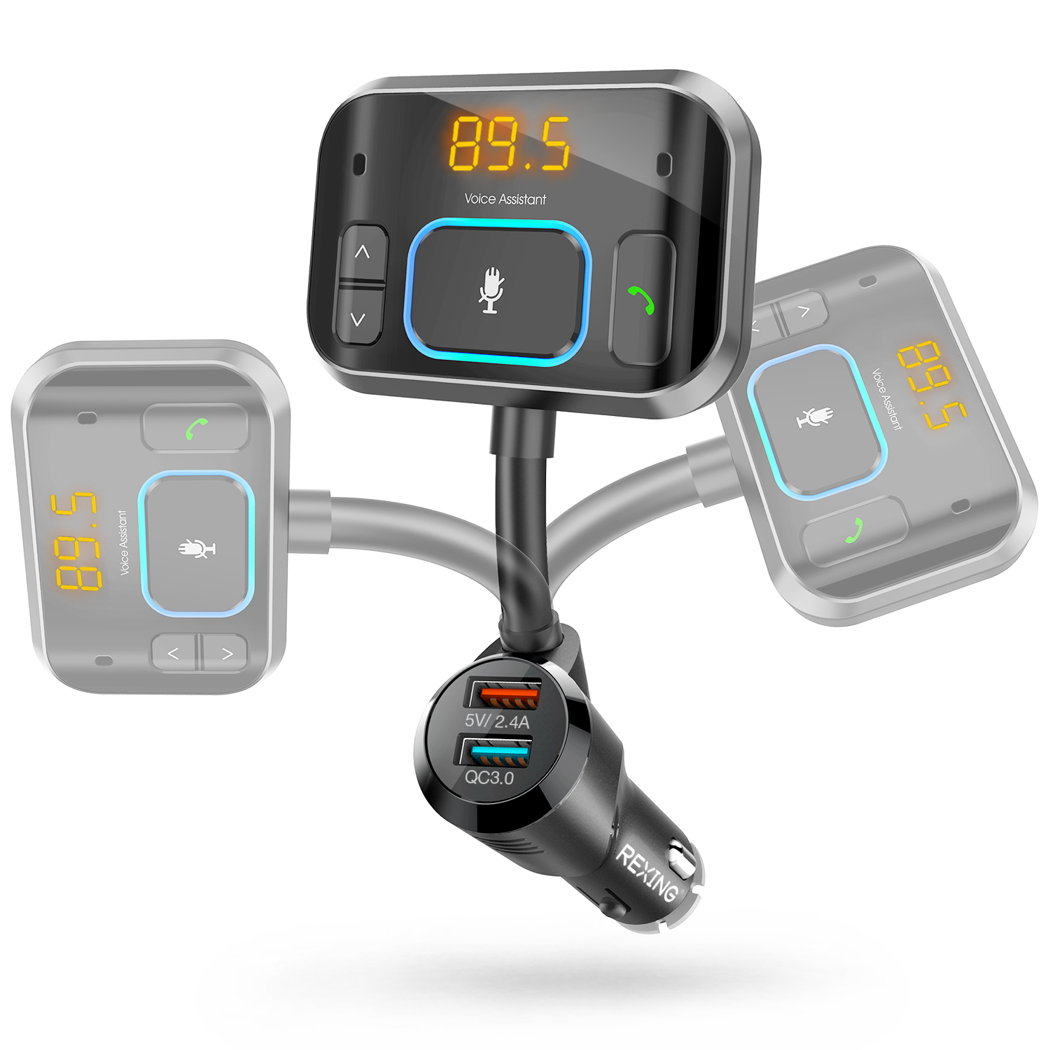 Rexing FMVC2 FM Transmitter w/ Voice Control Bluetooth 5.0 Hands-Free Car Kit