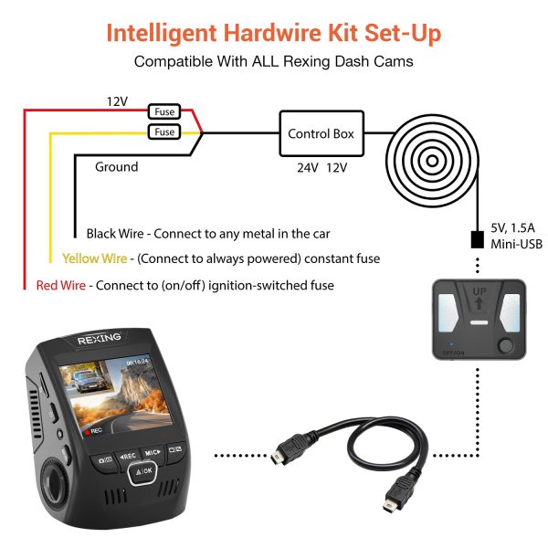 Rexing Intelligent Hardwire Kit Mini-USB Port for All Rexing Dash