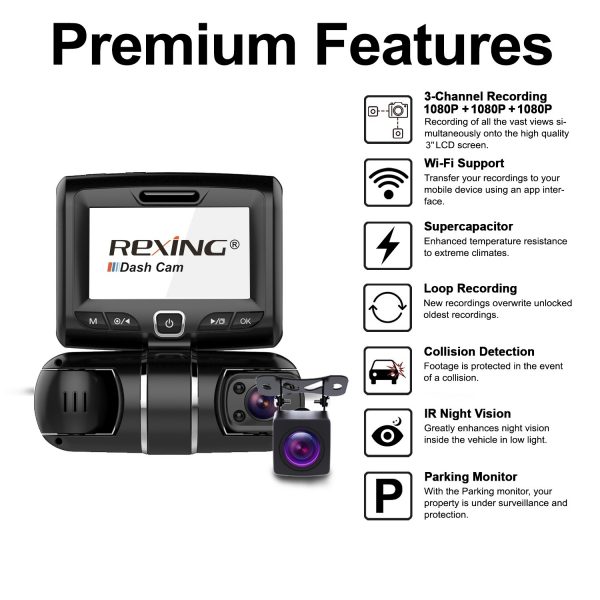 Rexing - S1 1080p FHD Front, Cabin and Rear 3-Channel Wi-Fi Dash Camera - Black