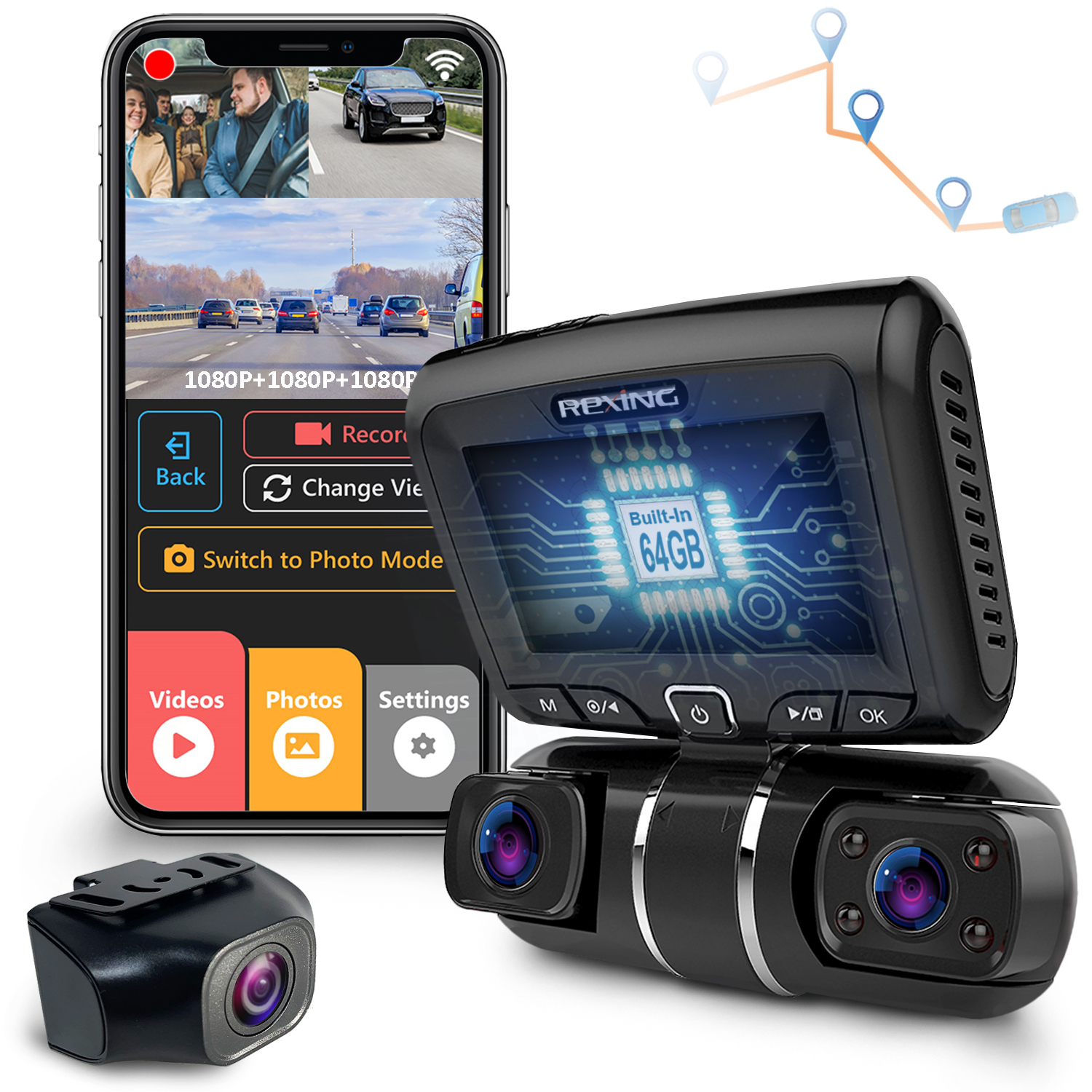 Rexing S1 Pro Enhanced Dash Cam 3-Channel Front, Rear, Cabin 1440p+1080p+1080p with Wi-Fi and GPS