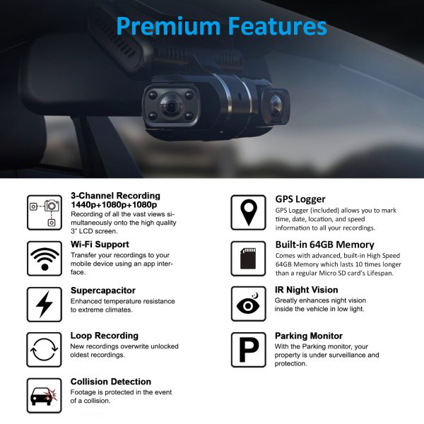 Rexing S1 Pro Enhanced Dash Cam 3-Channel Front, Rear, Cabin  1440p+1080p+1080p with Wi-Fi and GPS