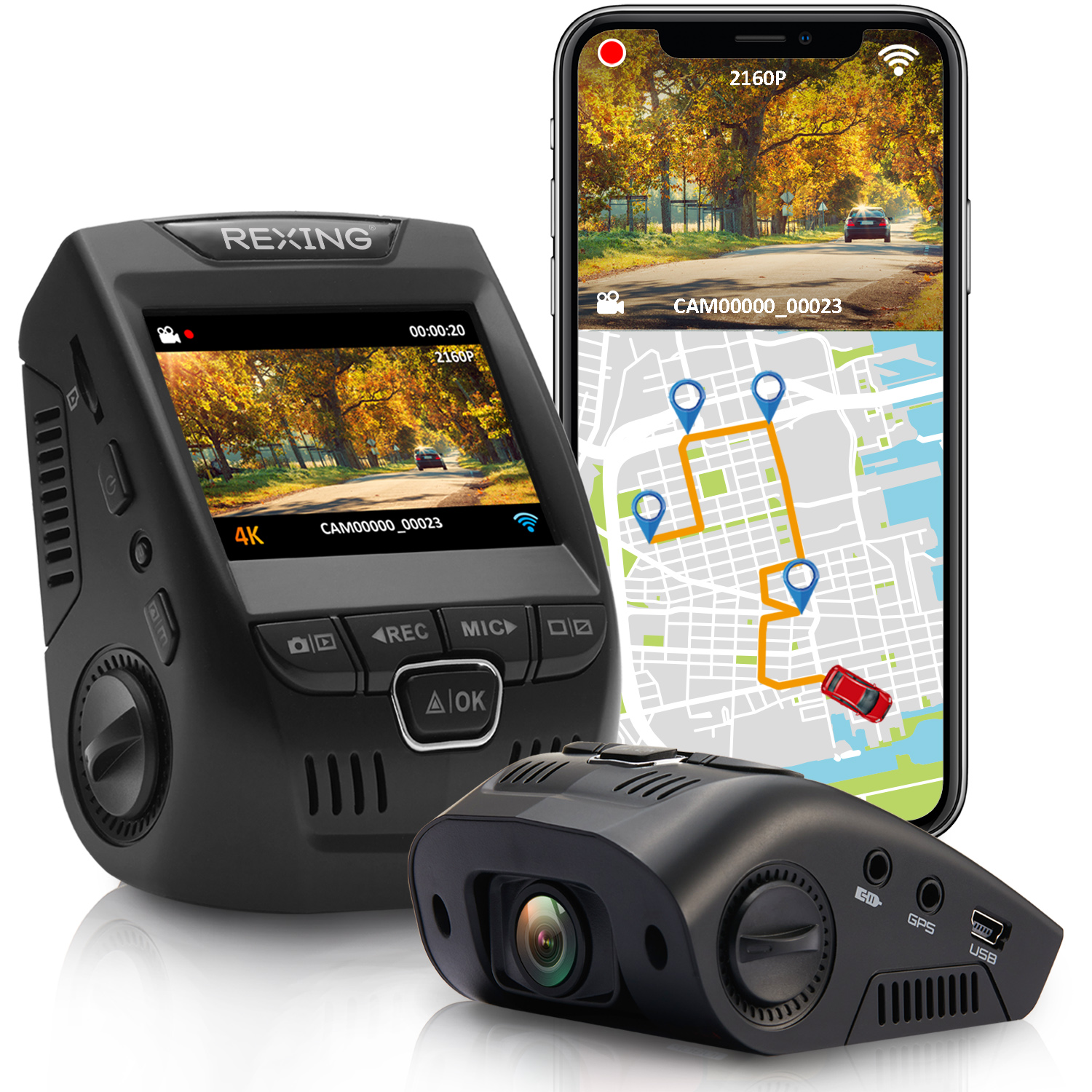 Rexing - V1P Plus 4K UHD Front and Rear Dash Cam with Wi-Fi - BLACK.