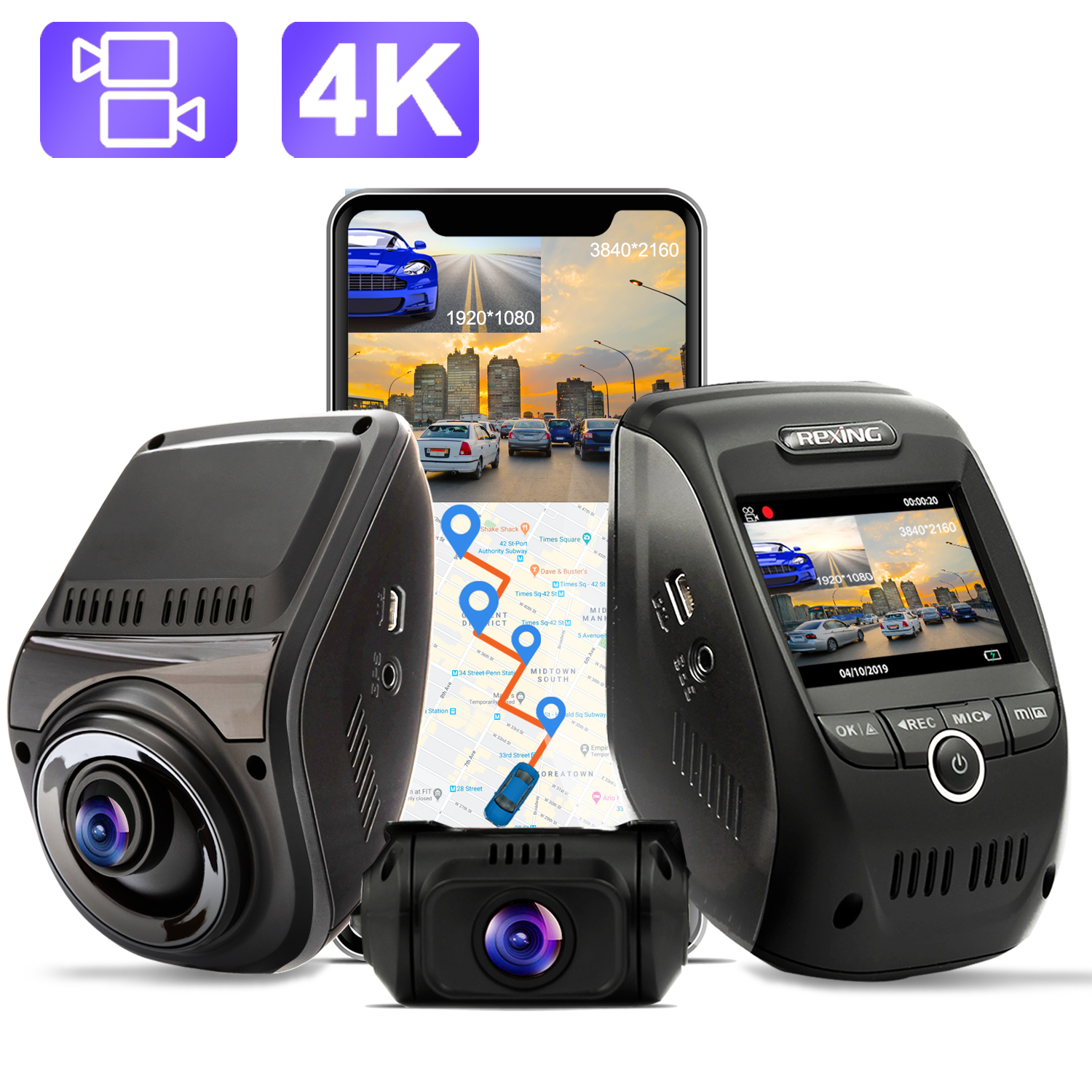 Rexing V1P Max 4K UHD Dual Channel Dash Cam 4K 3840×2160 Front +