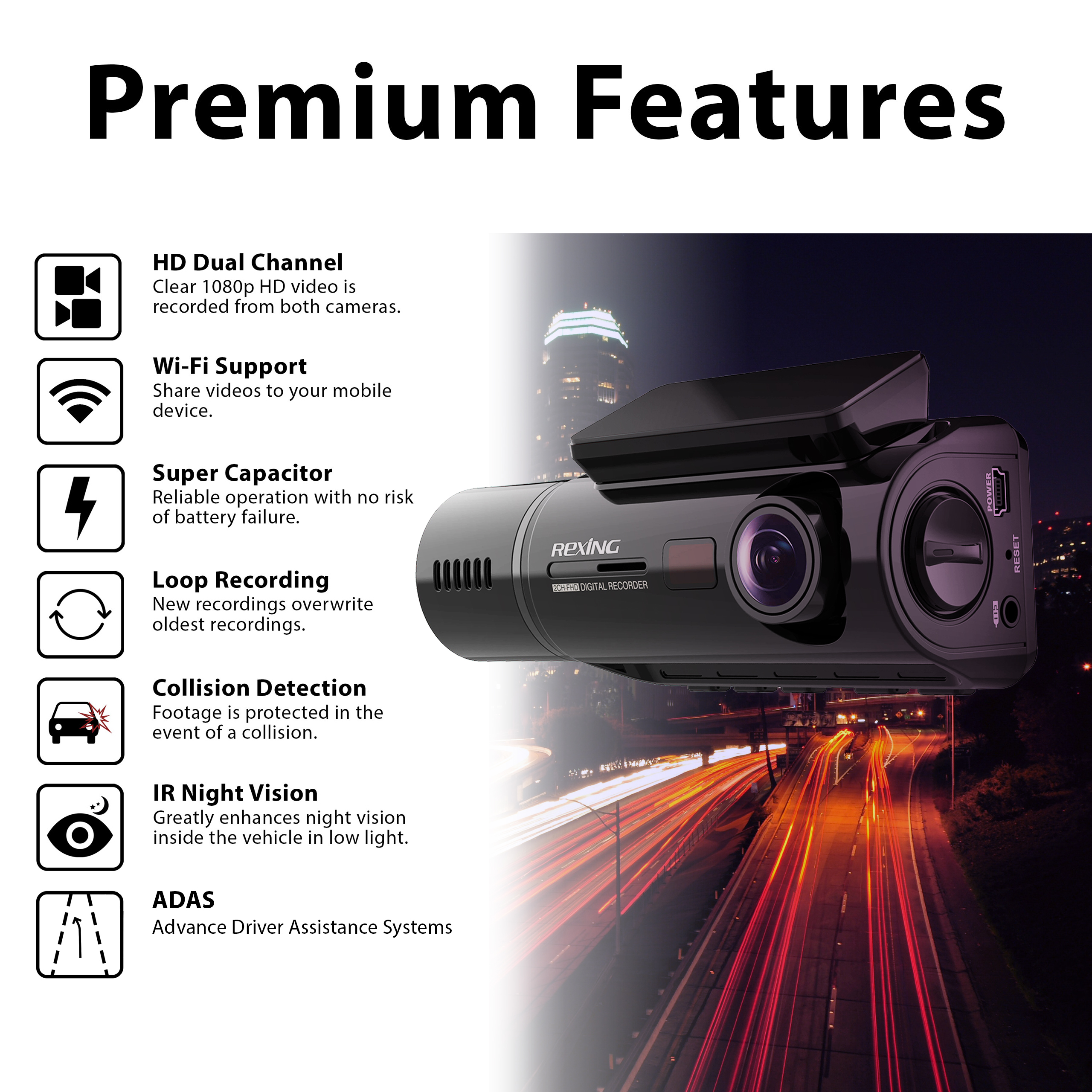 Rexing V3 Basic Dual Camera Front And Inside Cabin Full HD 1080p Dash Cam With WiFi