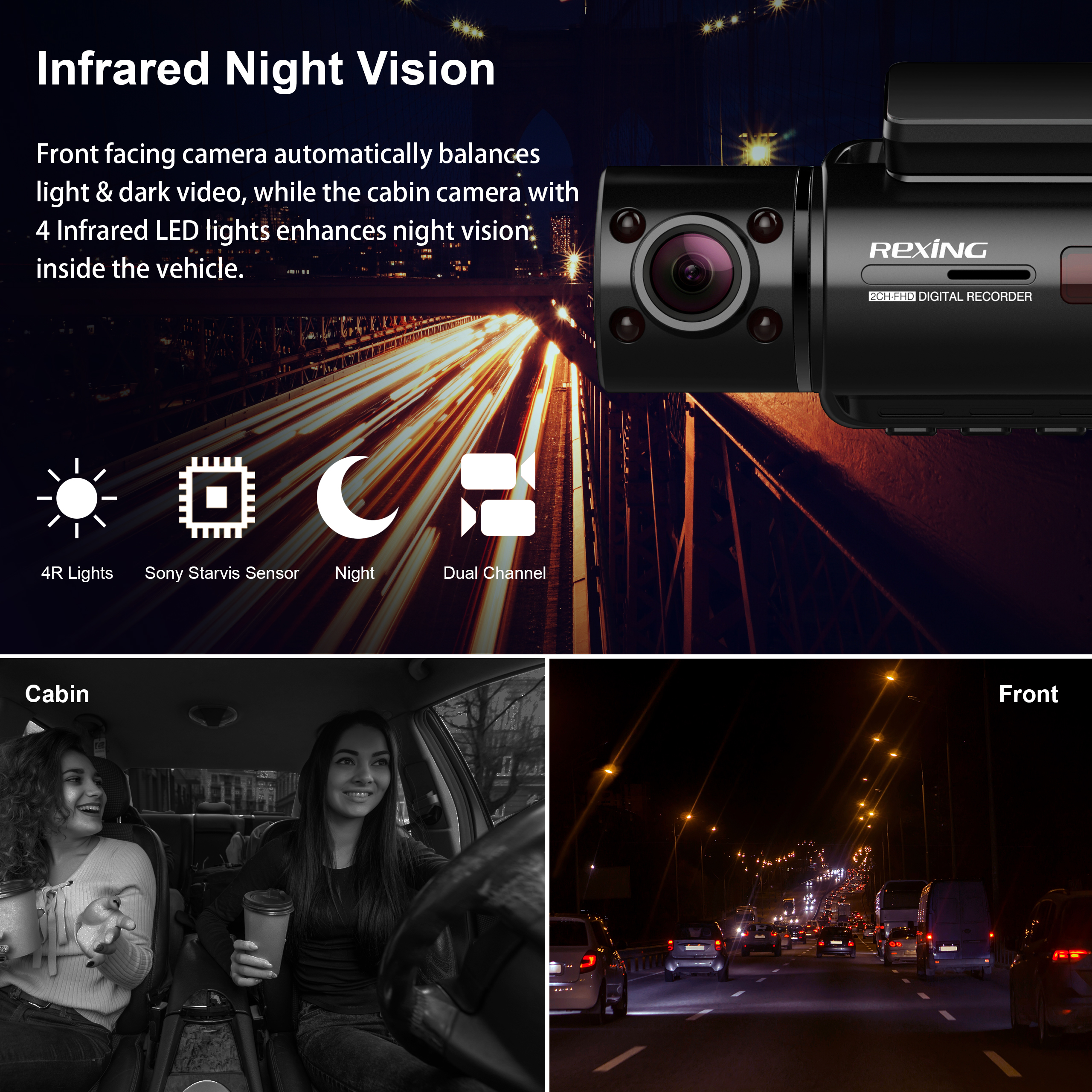 Dual Dash Cam with IR Night Vision, Toguard Dual Lens 1080p Front and Cabin