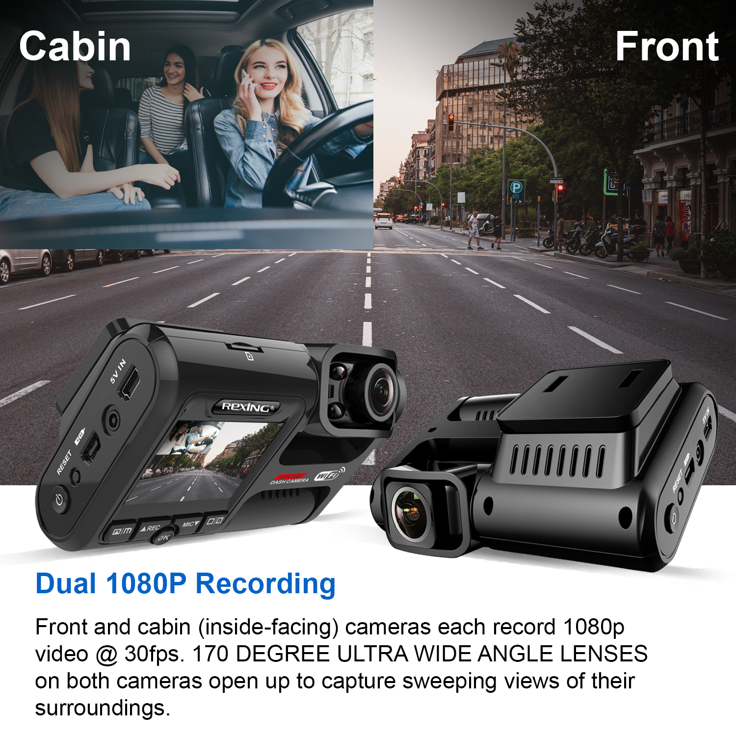 Rexing V3 Bundle Dual Camera Front and Inside Cabin Full HD 1080p with WiFi and Built-in GPS