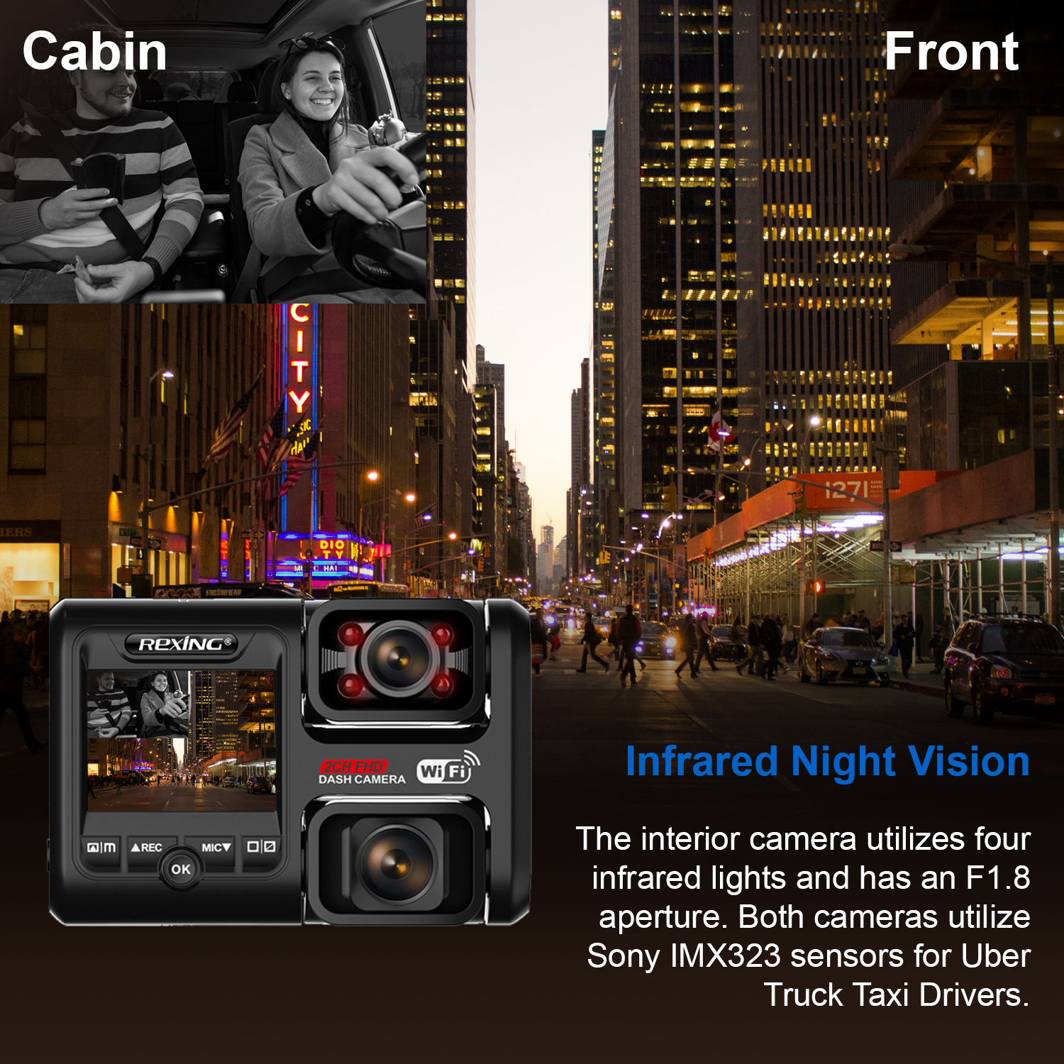 Rexing V3 Bundle Dual Camera Front and Inside Cabin Full HD 1080p with WiFi and Built-in GPS