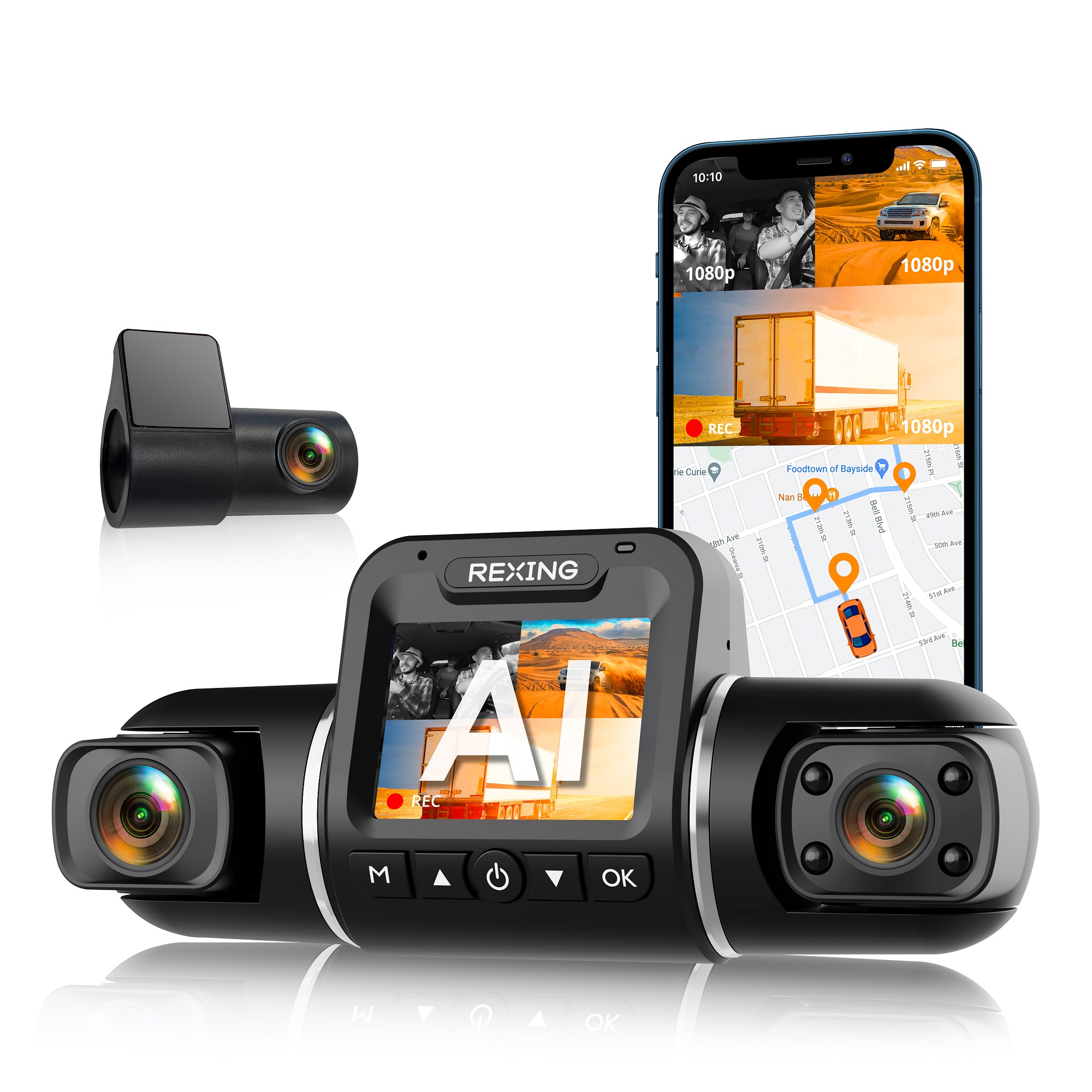 Rexing V2 PRO AI Dash Cam, 3-Channel Front/Cabin/Rear 1080p