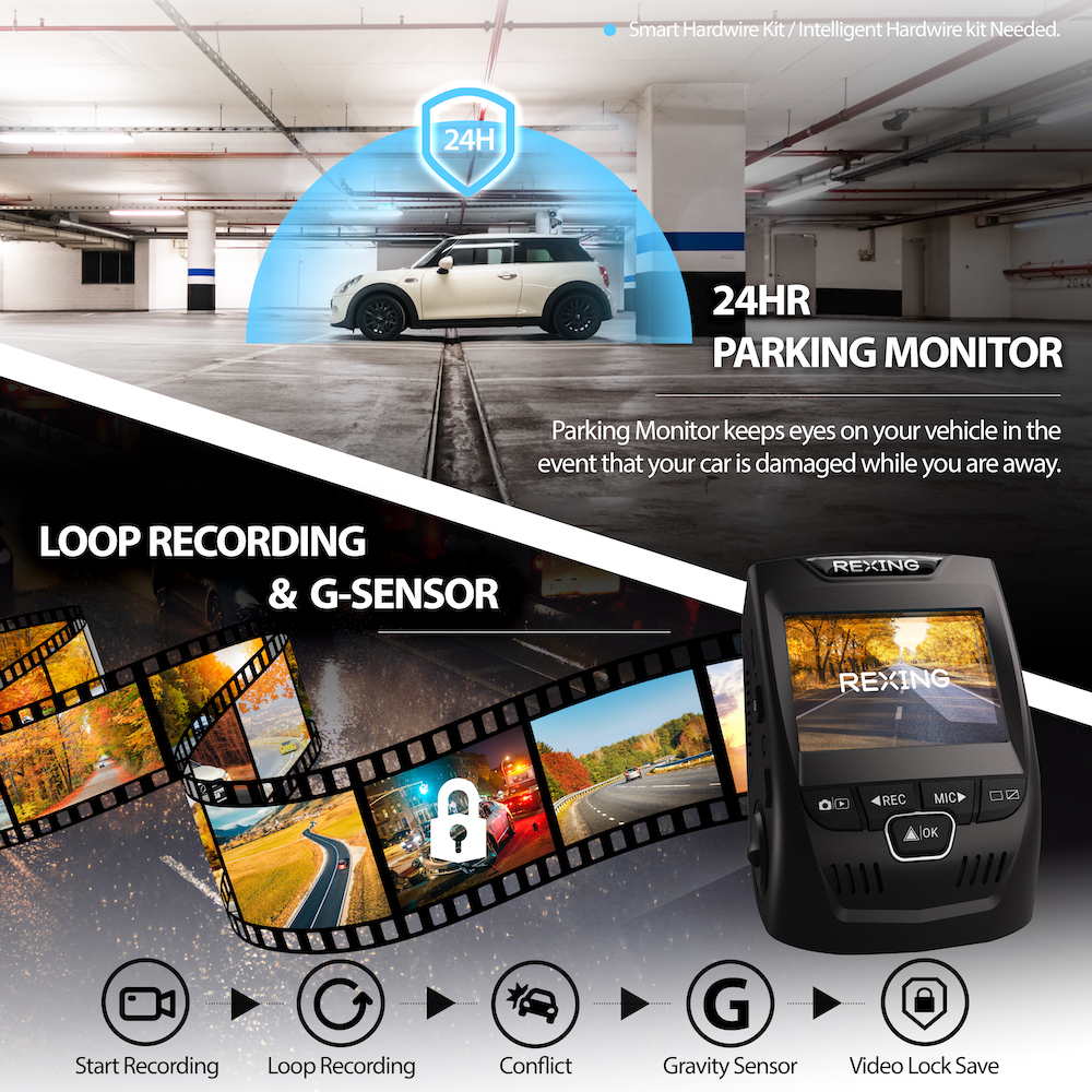 Rexing V1PGW-4K Dual Channel Car Dash Cam 2160p Front + 1080p Rear W/ Built-In GPS And Wi-Fi
