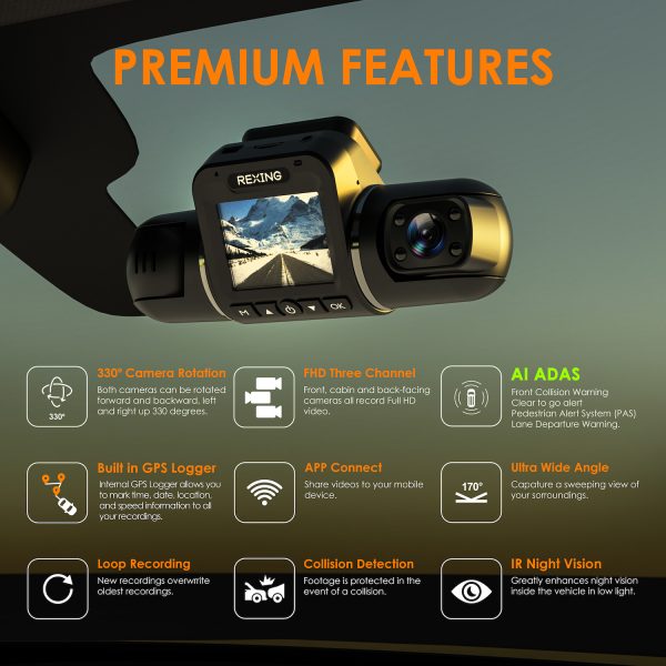 Rexing V3 Bundle Dual Camera Front and Inside Cabin Full HD 1080p with WiFi and Built-in GPS