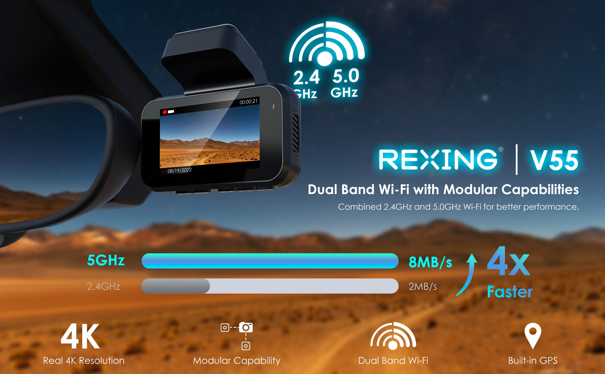 Rexing V55 Dash Cam - 4K Modular Capabilities, 5.0 GHz Wi-Fi, and GPS Car  Dash Camera Recorder