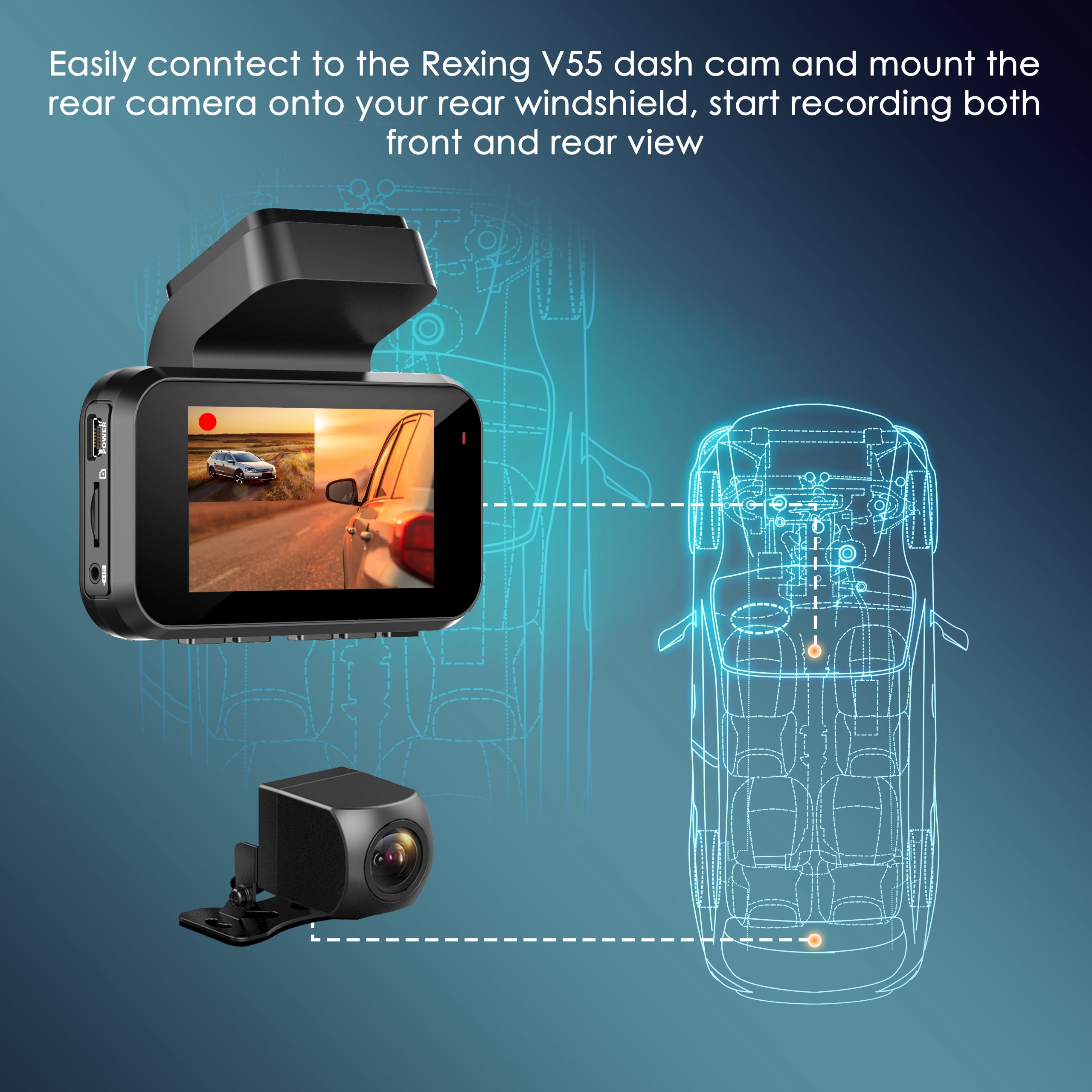 Rexing Waterproof Rear View Camera for V55 Premium 4K Modular Capabilities Car Dash Cam