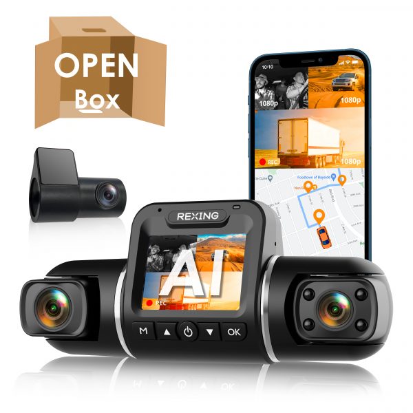 Rexing V2 PRO AI Dash Cam, 3-Channel Front/Cabin/Rear 1080p Recording with Wi-Fi and GPS (Open Box – Final Sale)