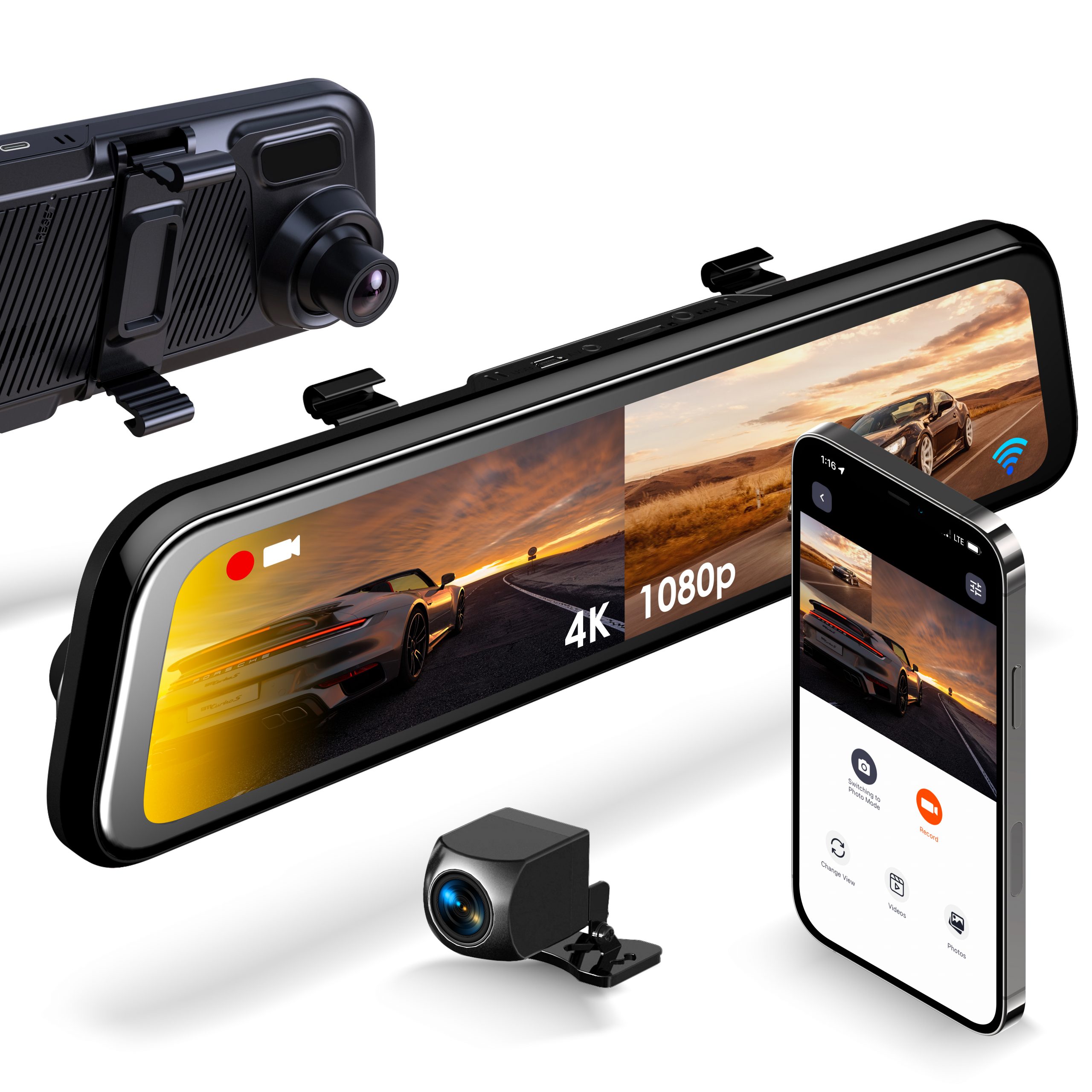 4K Mirror Dash Cam 12'' W/ GPS Wifi, Rear View Mirror Camera for