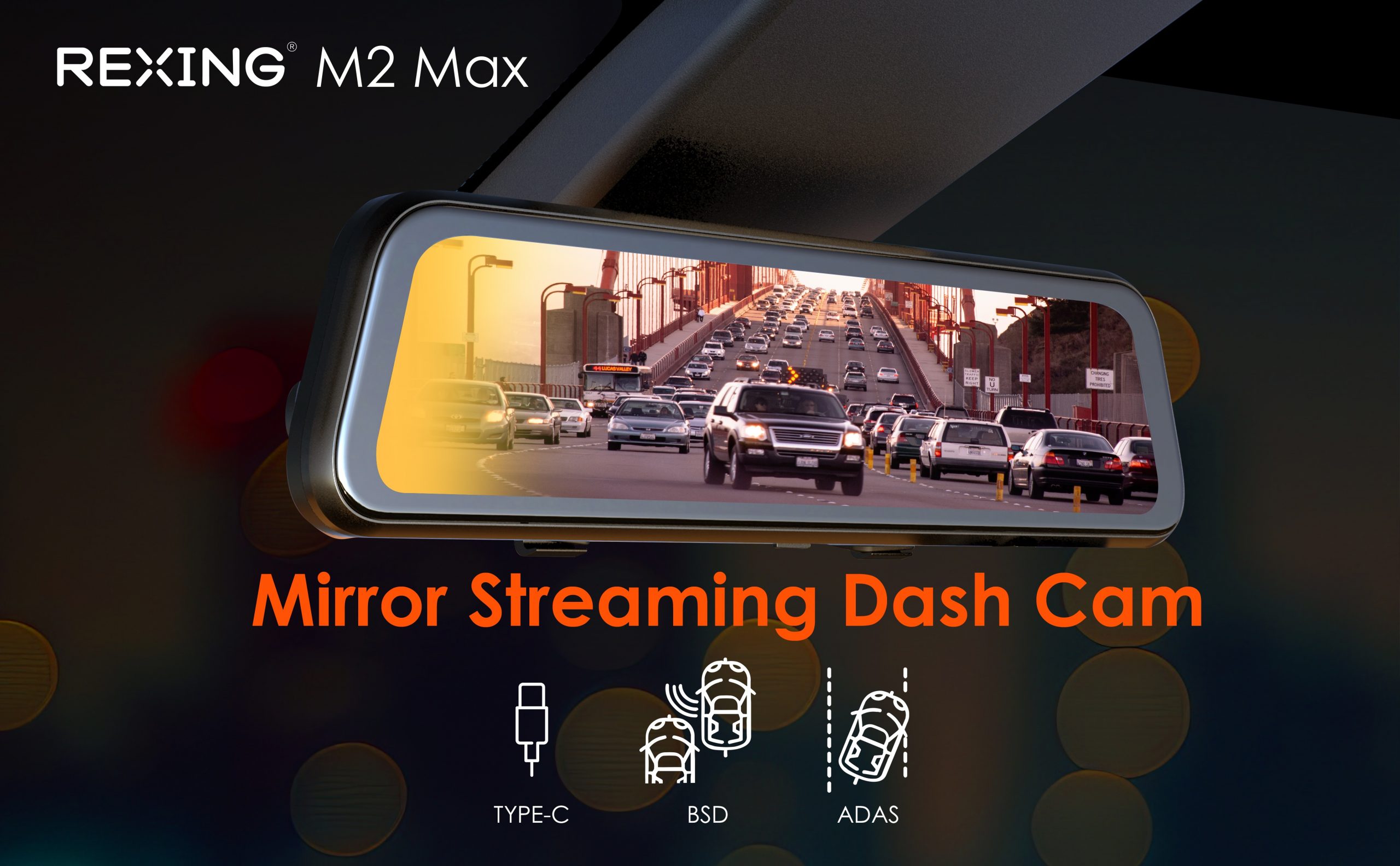 RexingUSA M2 Max - 2-Channel Mirror Dash Cam w/ 12” IPS Touch Screen, 4K + 1080p, Wi-Fi, GPS, ADAS,Loop Recording, Backup Camera, Parking Mode