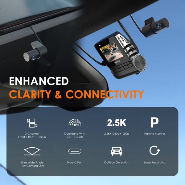 REXING RH2 Triple Channel Dash Cam - 2.5K Front and Dual 1080p Rear Cameras with Wi-Fi, and Optional GPS - Image 2