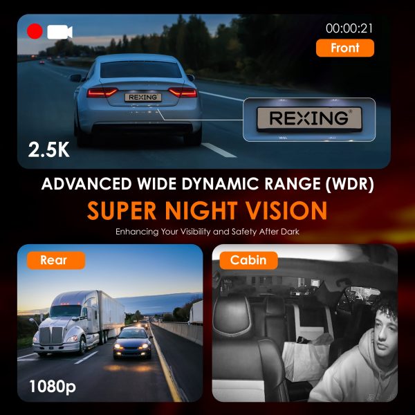 REXING RH2 Triple Channel Dash Cam - 2.5K Front and Dual 1080p Rear Cameras with Wi-Fi, and Optional GPS - Image 6
