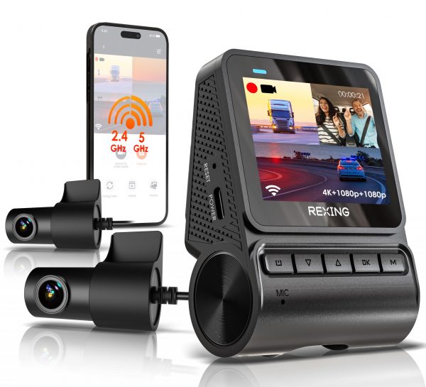 REXING RH2 Triple Channel Dash Cam - 2.5K Front and Dual 1080p Rear Cameras with Wi-Fi, and Optional GPS