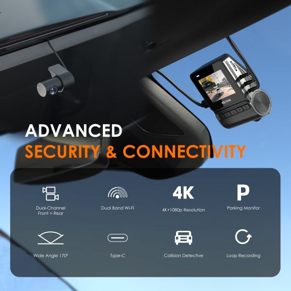 REXING RH2 Dual Dash Cam - 4K Front and 1080p Rear Dash Camera with Wi-Fi, and Optional GPS - Image 2